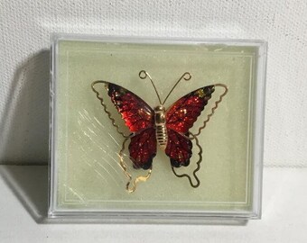 Broche Papillon Vintage émaillée Verte - Or, Diamantée Et Scintillante, état Impeccable