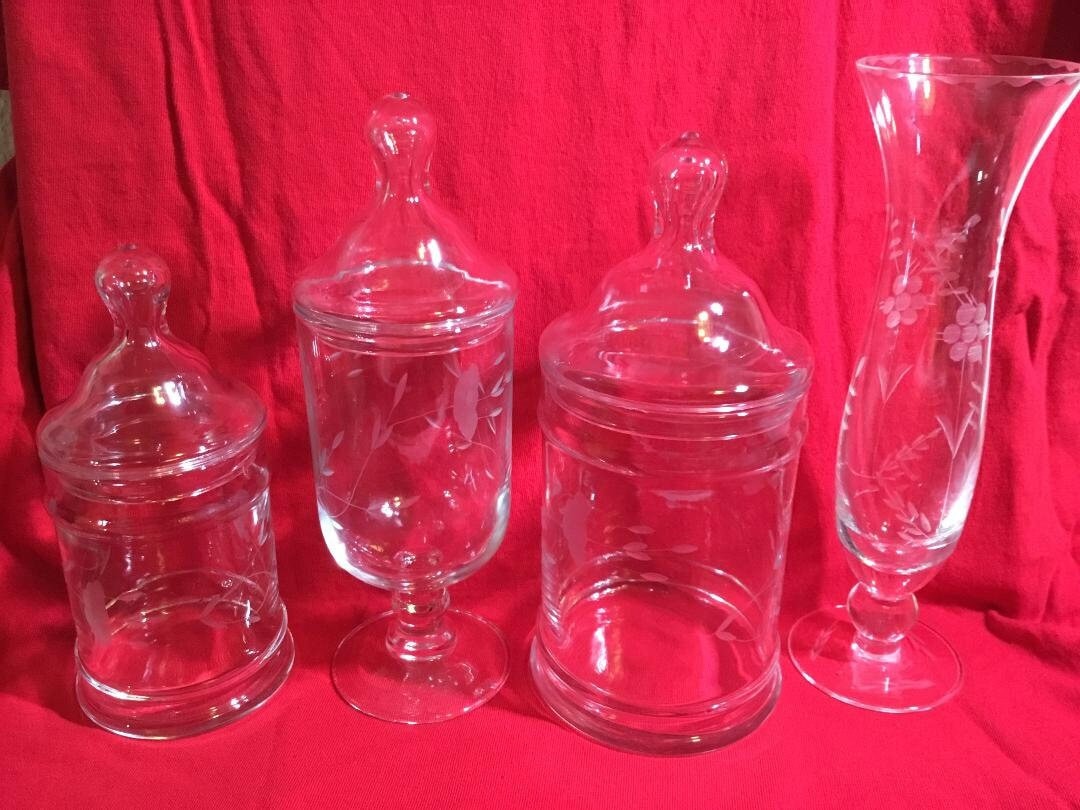 Vintage Princess House Crystal Heritage Collection Vase, Pedestal Candy Jar Apothecary Jar, Canister Jars with lids Floral  Design