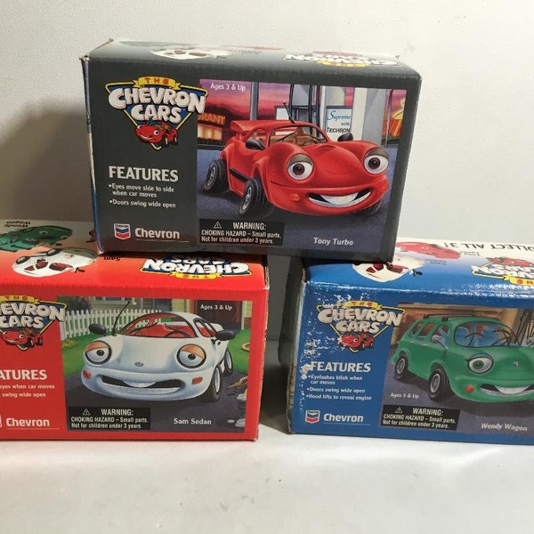 Vintage "The Chevron Cars" 1996, Sam Sedan, Tony Turbo, Wendy Wagon - New Original Boxes