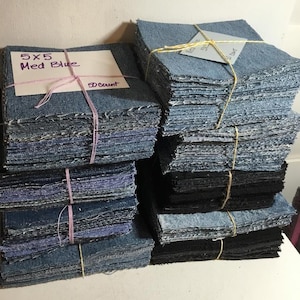 Denim Jean Scraps Squares 5 x 5 en 6 X Packs Denim Squares. Vintage spijkerbroek, hergebruiken, recyclen, hergebruiken. Zie beschrijving: