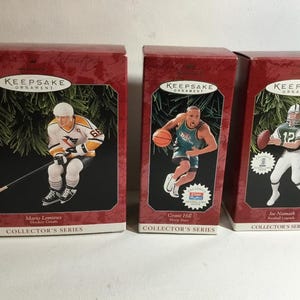Vintage Hallmark Keepsake Hockey Greats, Hoops Stars, Football Legends Ornaments. Joe Namath, Grant Hill, Mario Lemieux Hallmark Ornaments