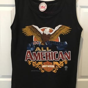 Vintage Harley Davidson Motorcycles 100 Proof All American Harley Sleeveless T Shirt.  Black 1985 Top Half T Shirt Made in USA NEW With Tag