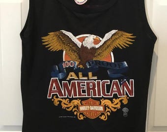 Vintage Harley Davidson Motorcycles 100 Proof All American Harley Sleeveless T Shirt.  Black 1985 Top Half T Shirt Made in USA NEW With Tag