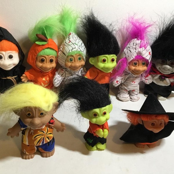 Vintage Russ Halloween Troll Dolls, Pumpkin, Dracula, Grim Reaper, Mummy, Frankenstein. Norfin Wanda The Witch, Island Troll, Russ Clip Ons