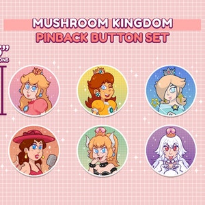 Mushroom Kingdom Button Set | Pinback Buttons | Super Mario | (6 pcs)
