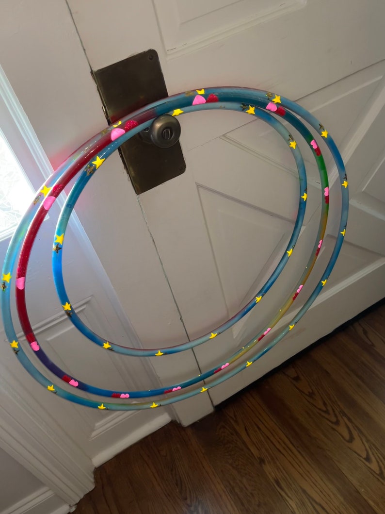 Rainbow Clouds Painted Hula Hoop with reflective stars and hearts image 4