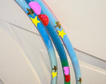 Rainbow Clouds Painted Hula Hoop with reflective stars and hearts