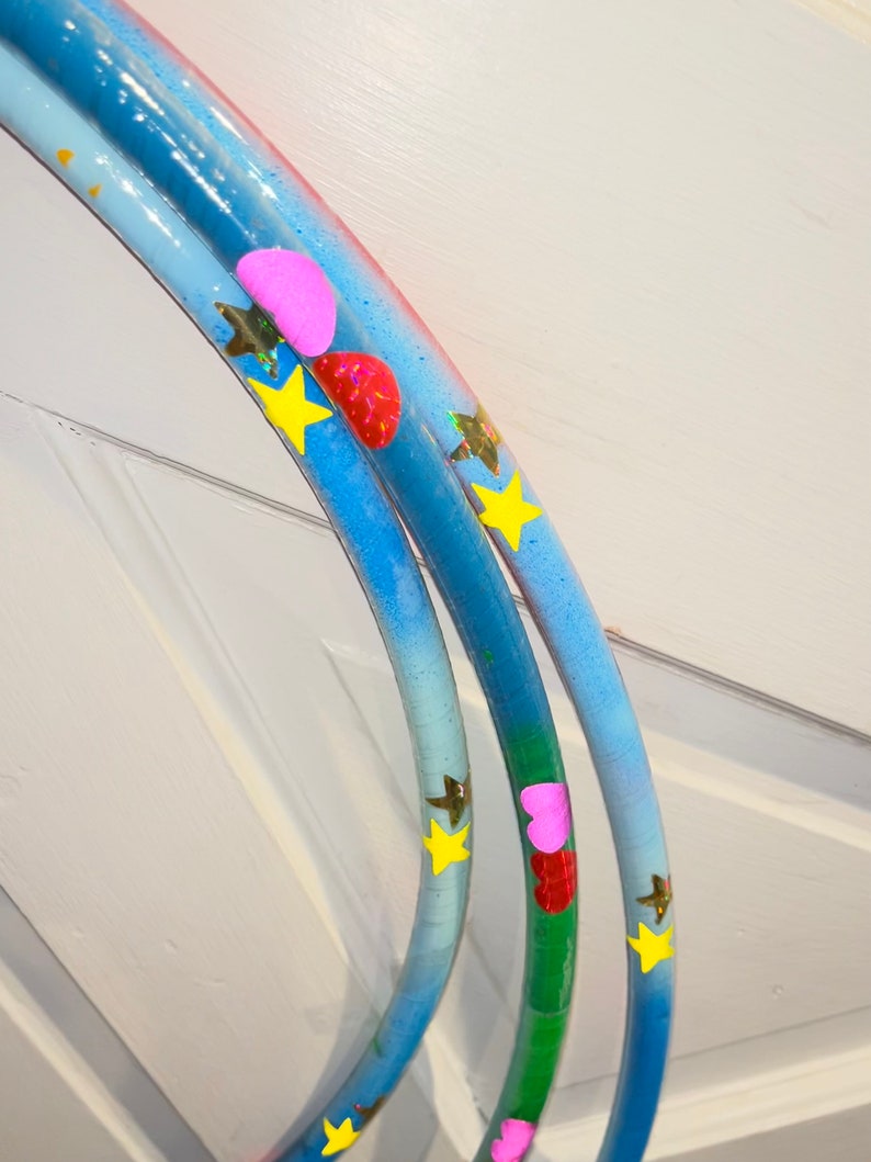 Rainbow Clouds Painted Hula Hoop with reflective stars and hearts image 1