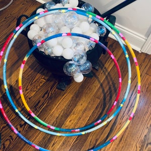 Rainbow Clouds Painted Hula Hoop with reflective stars and hearts image 2