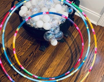 Rainbow Clouds Painted Hula Hoop with reflective stars and hearts