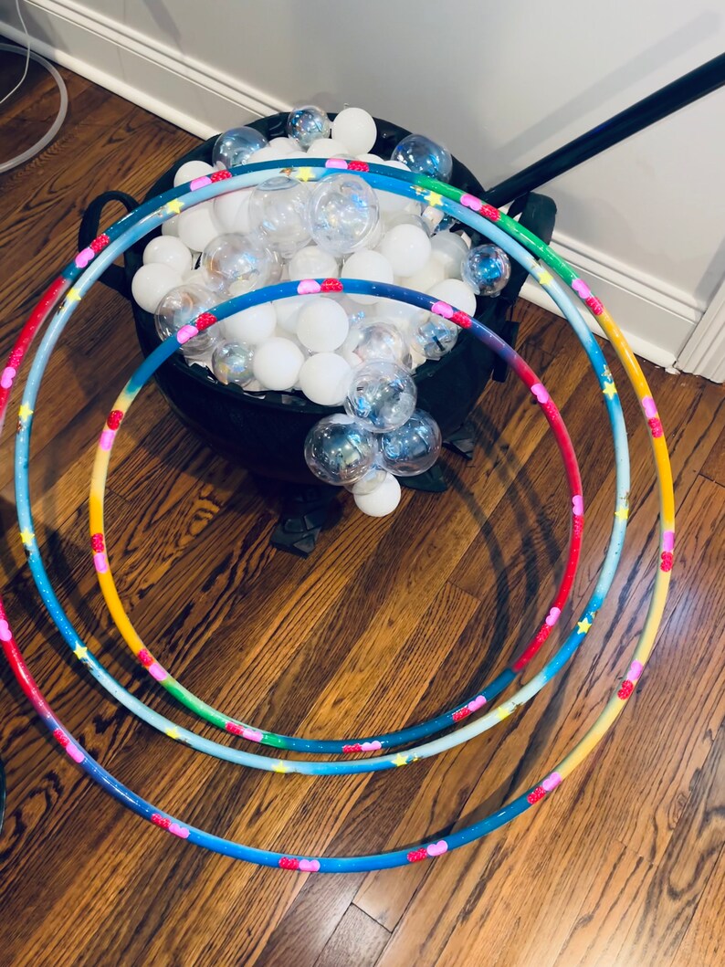 Rainbow Clouds Painted Hula Hoop with reflective stars and hearts image 2