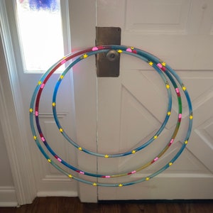 Rainbow Clouds Painted Hula Hoop with reflective stars and hearts image 5