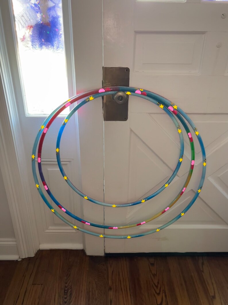 Rainbow Clouds Painted Hula Hoop with reflective stars and hearts image 5