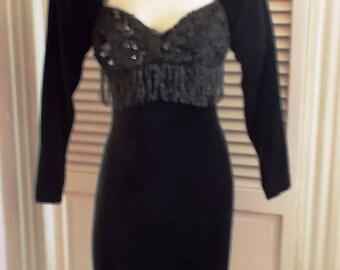Vintage Zum Zum LBD negro vestido de noche de lentejuelas de cuentas blusa - pequeñas y medianas