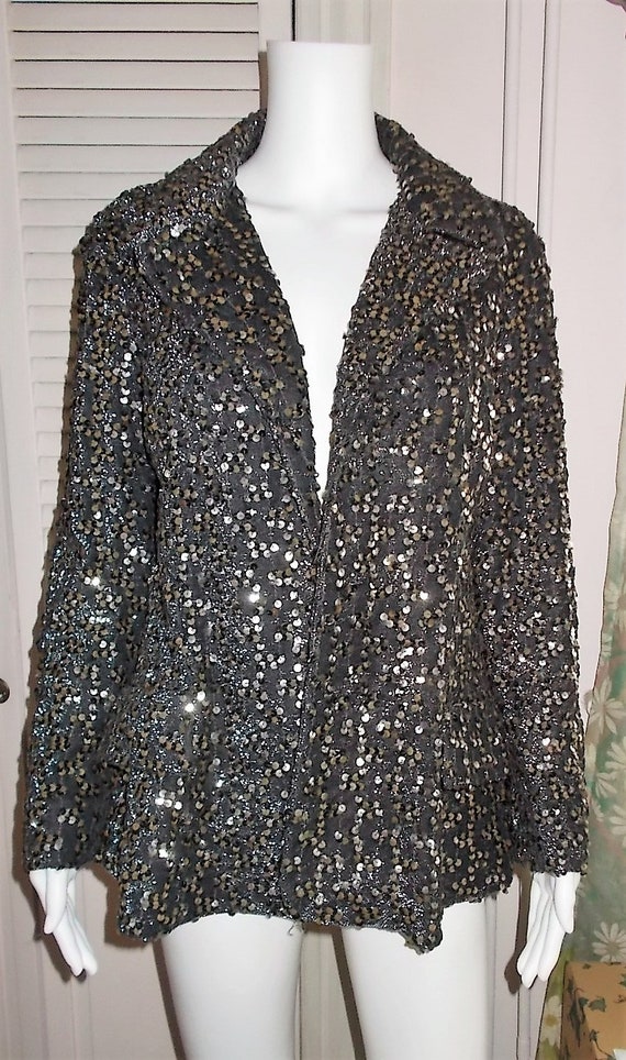 Vintage Custom Made Black & Gold Sequined Silk Lined Blazer Jacket - Medium