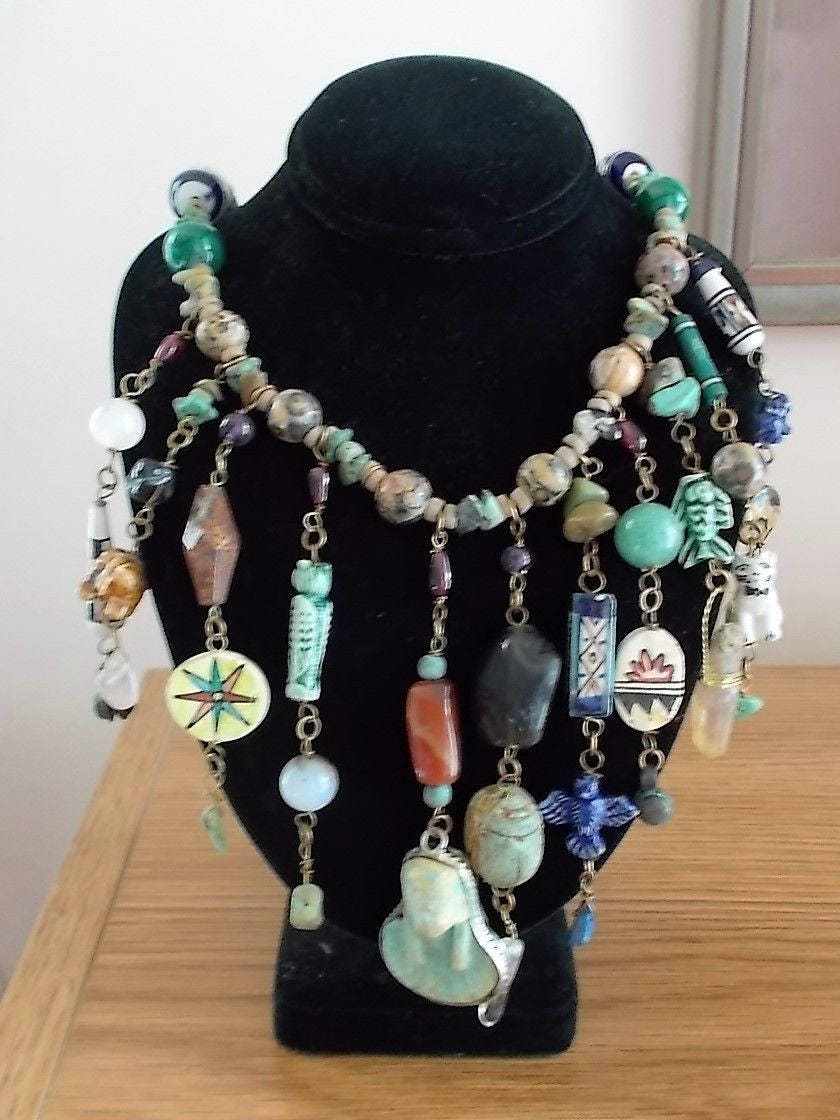 Vintage Artisan Egyptian Charm Necklace - Elephant Owl Cat Fish Crystals & More!