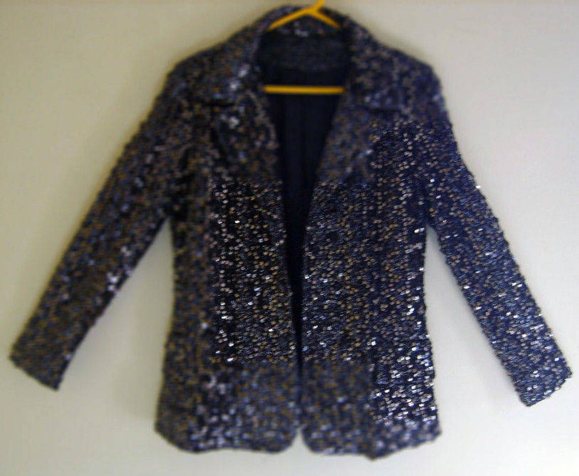 Vintage Custom Made Black & Gold Sequined Silk Lined Blazer Jacket - Medium, photo 3 sur 5