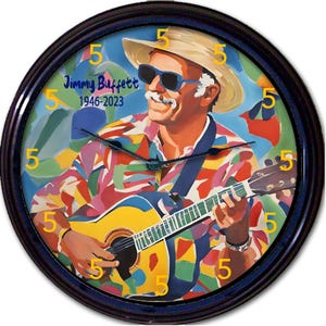 Jimmy Buffett wandklok, tropische klok, muzikale legende, Margaritaville Spirit, woondecoratie, stranddecor, geschenken papegaaienkoppen, gitaarmuziek