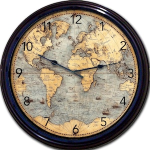 Horloge murale carte du monde vintage - décoration de style ancien, charme du vieux monde - horloge rétro pour la maison, le bureau ou un cadeau - cadeau pour amateur d'histoire - taille 25,4 cm