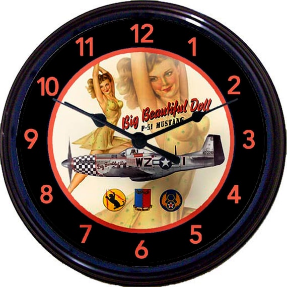 Reloj de pared retro con chica pin up avion Mustang P 51 reloj vintage avion de