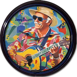 Tropische wandklok, Jimmy Buffett, muzikale legende, Margaritaville Spirit, woondecoratie, stranddecor, cadeau voor papegaaienkoppen, gitaarmuziek