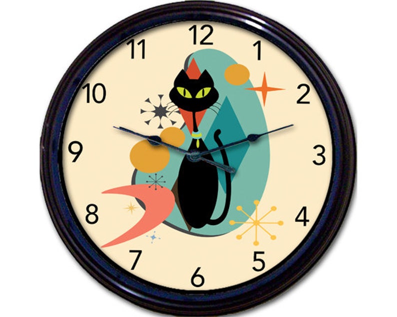 Retro Cat Wall Clock, Atomic Cat 50s Decor, Mid Century Style, Living Room Decor, 1950s Vintage Style, Cool Cats, Gift under 50 image 1