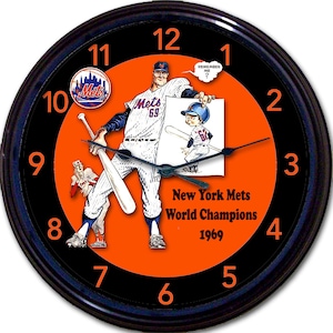 Horloge des Mets de New York - Cadeau Mets de New York, cadeau de fan des Mets, cadeau de baseball, horloge pour homme, signe Mancave, cadeaux de sport pour lui, décoration de bar des sports, carte de pointage