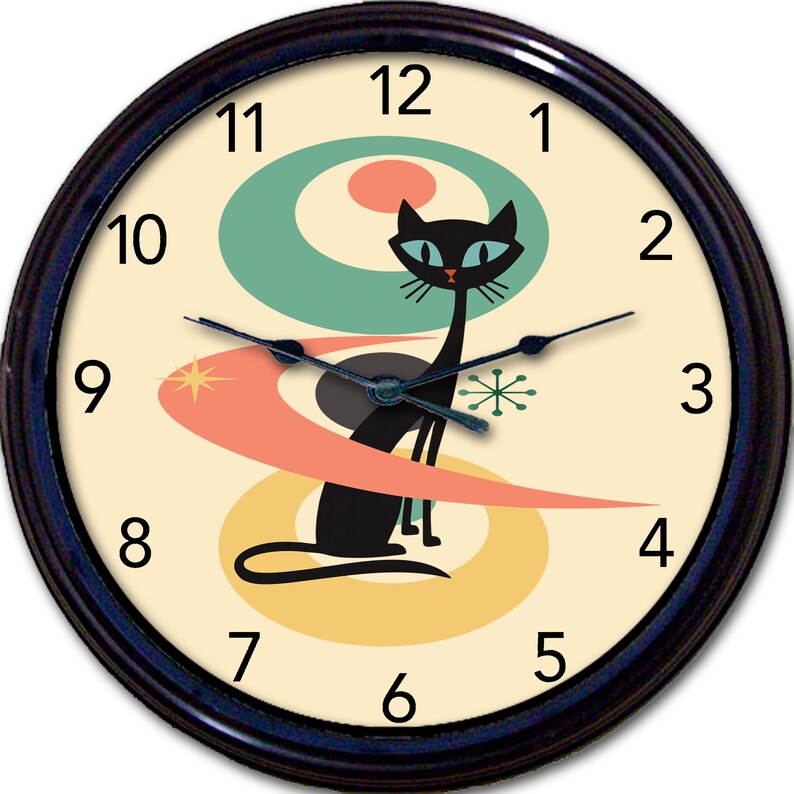 Retro Cat Wall Clock, Atomic Cat 50s Decor, Mid Century Style, Living Room Decor, 1950s Vintage Style, Cool Cats, Gift under 50 image 8