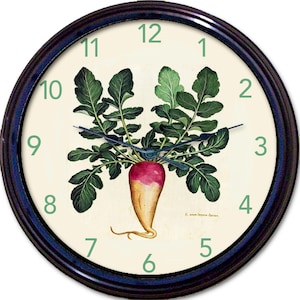 Radish Botanical Wall Clock, Vintage Kitchen Decor, Kitchen Wall Art, Dining Room Decor, Hostess Gift, Cottage Core, Wall Clock for Kitchen