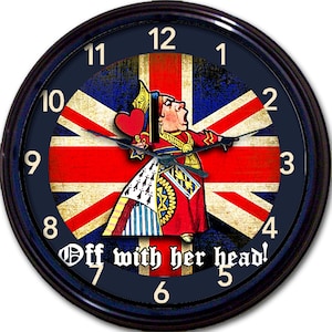 Alice in Wonderland Wall Clock, Gift Clock For Alice Fan, Queen of Hearts, Iconic Union Jack, &quot;Off with her Head&quot;, Alice themed Decor