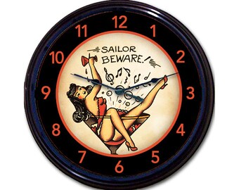 Sailor Beware Clock - Nautical Charm - Vintage Tattoo Decor - Patriotic Gift for Veterans - Man Cave Wall Art - Tattoo parlor