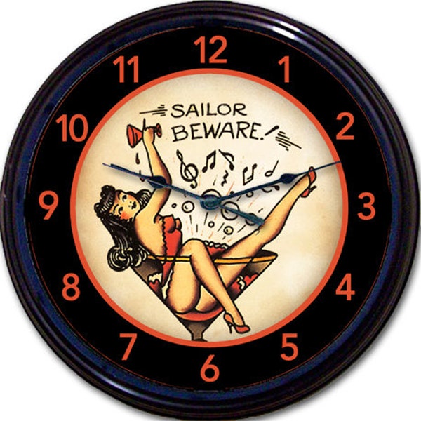 Sailor Beware Clock - Nautical Charm - Vintage Tattoo Decor - Patriotic Gift for Veterans - Man Cave Wall Art - Tattoo parlor