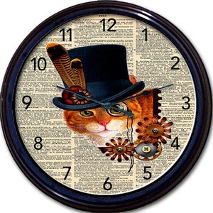 Steampunk Cat Dictionary Wall Clock - Unique Gift for Steampunk Fans - Victorian Gothic Decor - Whimsical and Intriguing Wall Art