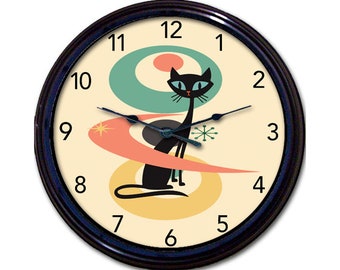 Atomic Cat Wall Clock, Retro Cat 50’s Decor, Mid Century Style, Living Room Decor, 1950’s Vintage Style, Cool Cats, Gift under 50