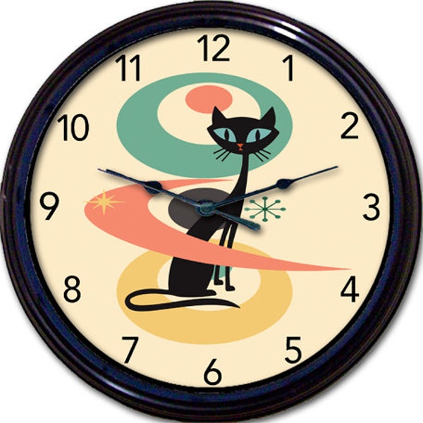 Atomic Cat Wall Clock, Retro Cat 50’s Decor, Mid Century Style, Living Room Decor, 1950’s Vintage Style, Cool Cats, Gift under 50
