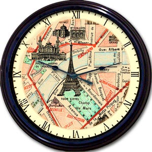Parijs, Frankrijk, stratenplan, wandklok, Eiffeltoren, Tracadero, gastvrouw cadeau, wanddecoratie, Frans, housewarmingcadeau