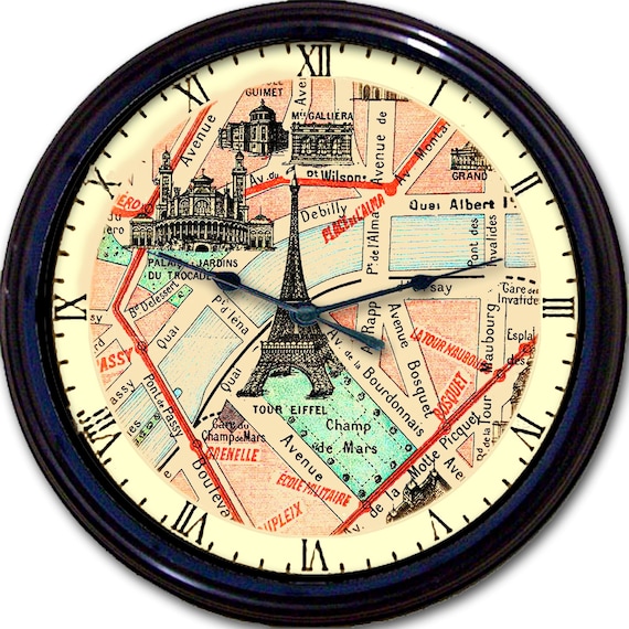 París, Francia, Mapa de calles, Reloj de pared, Torre Eiffel