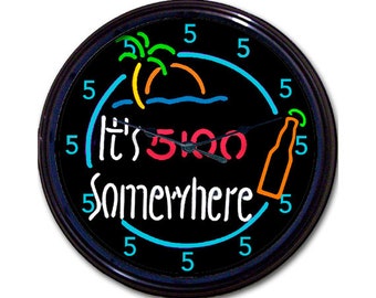 Tropical Clock - 5 O’clock Somewhere, Tiki Bar Clock, Happy Hour Sign, Retirement Gift, Cocktail Bar Decor, She Shed Sign, Margaritaville