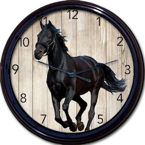 Black Horse Clock with Horse Barn Background - Unique Horse Decor - Perfect Wall Clock Gift for Horse Lovers