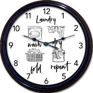Retro Laundry Room Wall Clock: Wash, Dry, Fold, Repeat