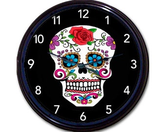 Sugar Skull Wall Clock - Colorful 10" Dia de Los Muertos Clock Skeleton and Calavera Art - House Gift for Mexico and Day Of The Dead Fans