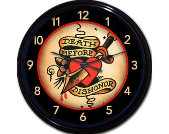 Death before Dishonor Wall Clock - Patriotic Tattoo Design - Gift for Him - Military & Biker Gift - Unique Wall Decor