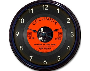 Bob Dylan Wall Clock - Blowin in the Wind, Folk Rock Music, Gift for Bob Dylan Fan, 45 RPM Vinyl Record Image, Man Cave, Music Room Decor