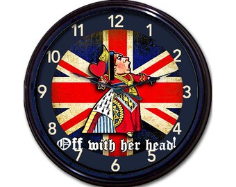 Alice in Wonderland Wall Clock, Gift Clock For Alice Fan, Queen of Hearts, Iconic Union Jack, "Off with her Head", Alice themed Decor