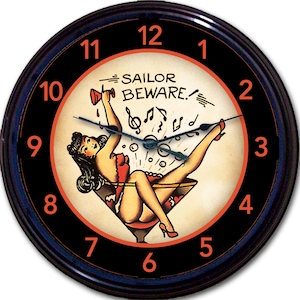 Sailor Beware Clock: Vintage Tattoo Parlor Nautical Wall Art