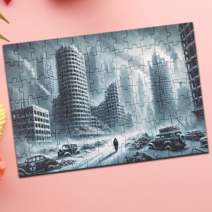Dystopian Cityscape Wooden Jigsaw Puzzle: Sci-Fi Post-Apocalyptic Art