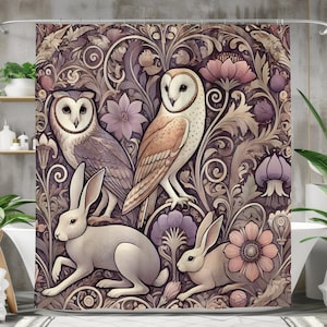 Vintage Woodland Shower Curtain: Owl & Rabbit Bathroom Decor