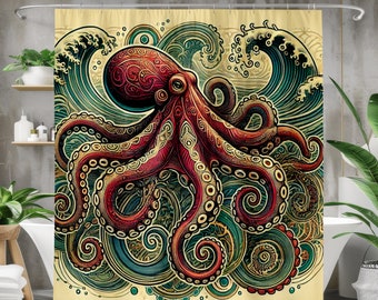 Octopus Ocean Waves Shower Curtain: Nautical Bathroom Decor