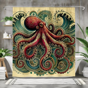 Puede incluir: Una cortina de ducha colorida con un pulpo rojo con intrincados patrones, rodeado de olas azules y verdes que se arremolinan. El pulpo tiene un diseño detallado con una apariencia texturizada.