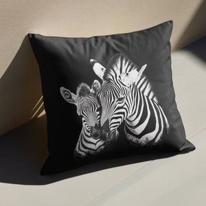 Monochrome Zebra Pillow Cover, Mother and Baby Zebra Cushion Case, Decorative Animal Print Throw Pillow for Couch or Bed